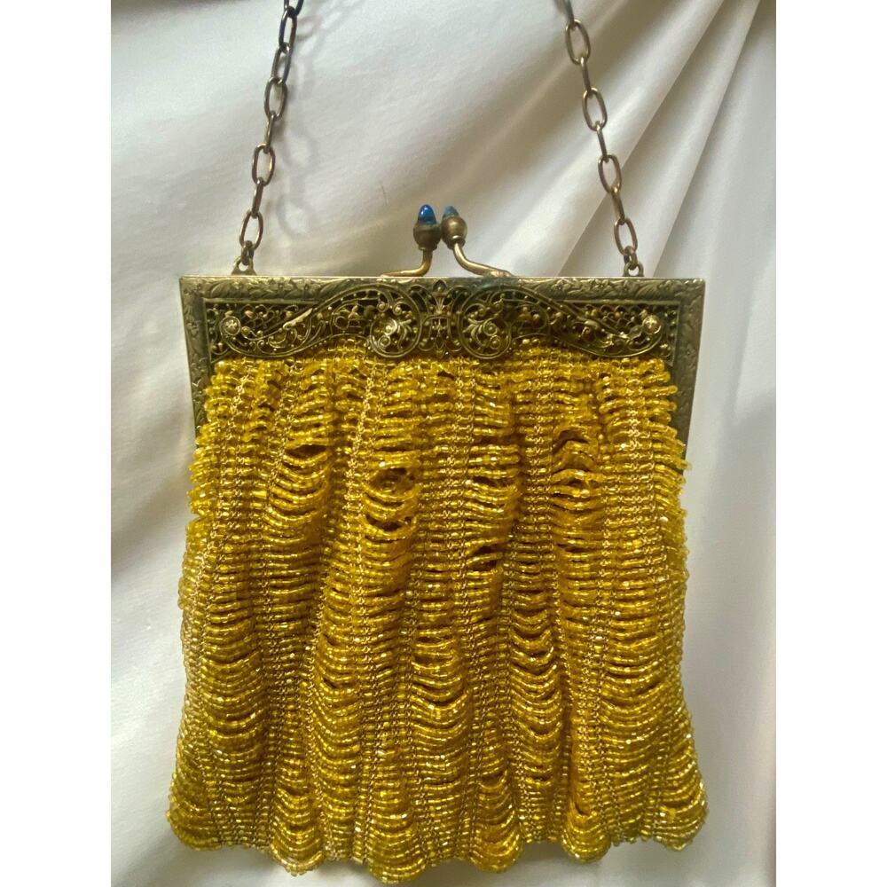 Late Edwardian Early 1920 Seed Bead Purse Antique Flapper Bag Vintage Cabochons